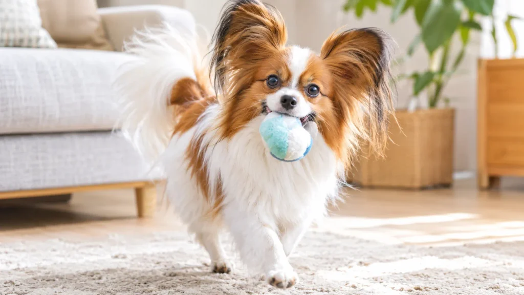 papillon-dog-playing-with-toy-in-living-room