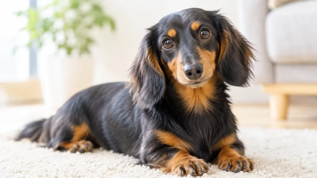 black-and-tan-long-haired-dachshund-resting-at-home
