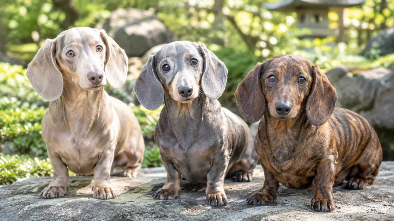 hree-dachshunds-showing-rare-coat-colors-in-a-garden