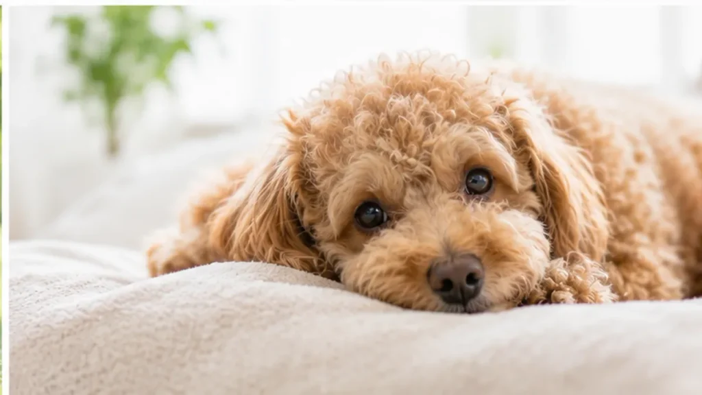 apricot-curly-haired-dog-resting-on-blanket