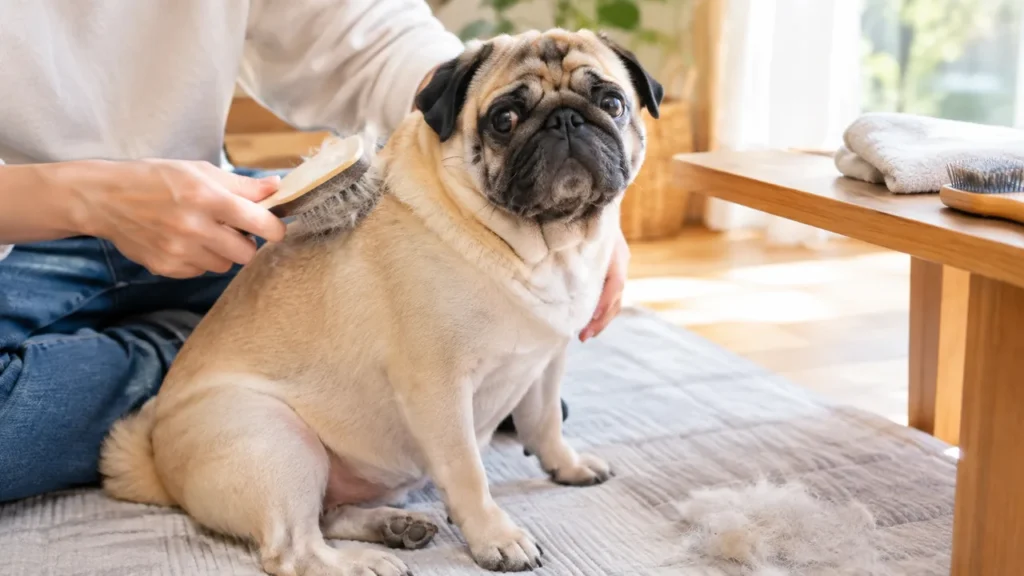 fawn-pug-being-brushed-at-home.