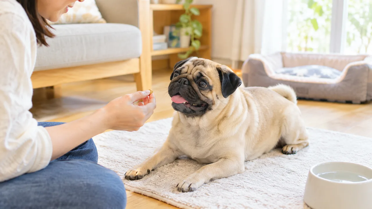 fawn-pug-receiving-a-treat-at-home