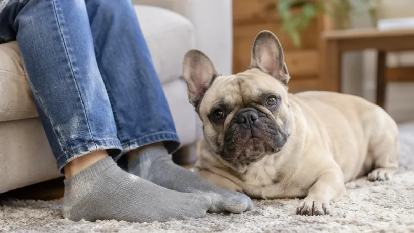 french-bulldog-relaxing-beside-owner-at-home