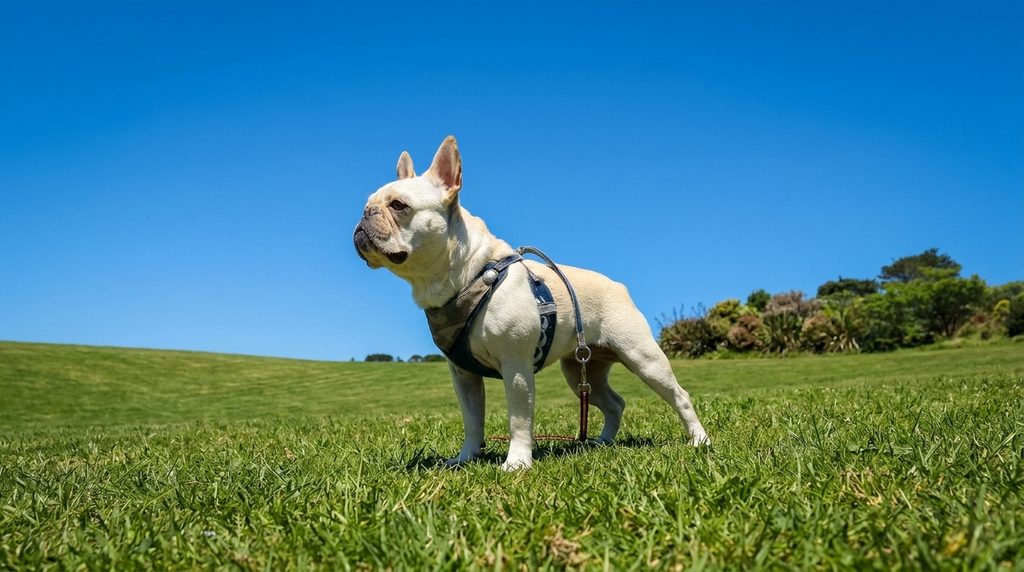french_bulldog_standing_on_a_grassy_hill_under_a_blue_sky